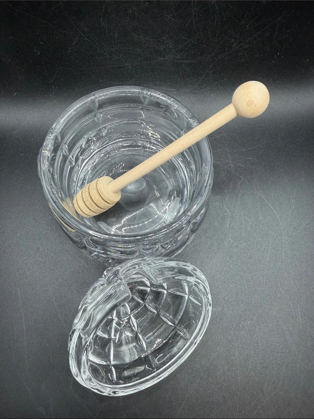 Crystal Beehive Honey Jar with Wooden Honey Dipper, Lidded Cottagecore Bee Jar